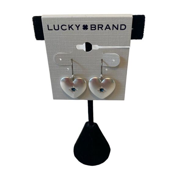 Matte Silver Heart Shaped Drop Earrings w/ Dark Blue Centered Pave Crystal - Picture 1 of 5